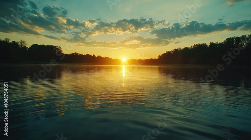 A creative shot highlighting the contrasting colors of a sunset, reflecting on a serene lake.