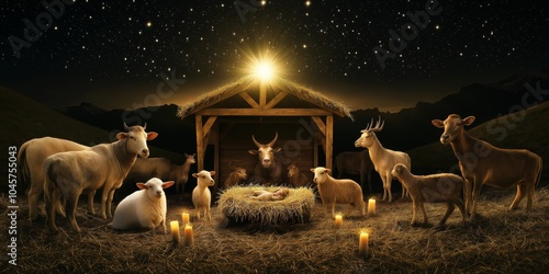 Fototapeta Naklejka Na Ścianę i Meble -  Serene nativity scene with animals and shepherds gathered around the manger under a starry sky, Biblical religious stories, illustrations Christian faith in God