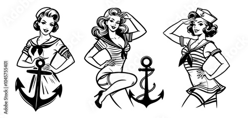 beauty pin-up girl illustration, adorable beautiful pinup woman model, comic book character, black shape silhouette vector decoration anchor sailor marine anchor steering wheel