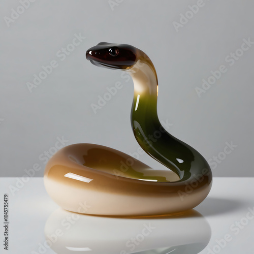 Realistic Glass Sculpture of a Hognose Snake Coiled on Reflective Surface with Gradient Brown to Beige Colors on Light Gray Background, generative ai