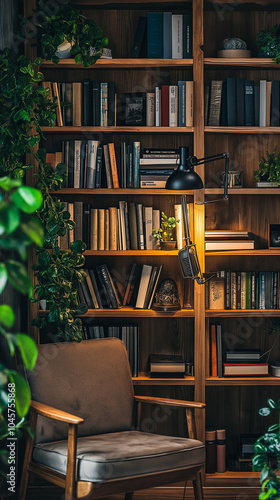 Wallpaper Mural A cozy podcast setup with a wooden bookshelf, plants, and soft lighting. A comfortable chair sits by the microphone, creating a warm, inviting vibe with earthy tones  Torontodigital.ca