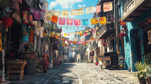 A festive street scene with colorful banners and joyful decorations for Shanteras.