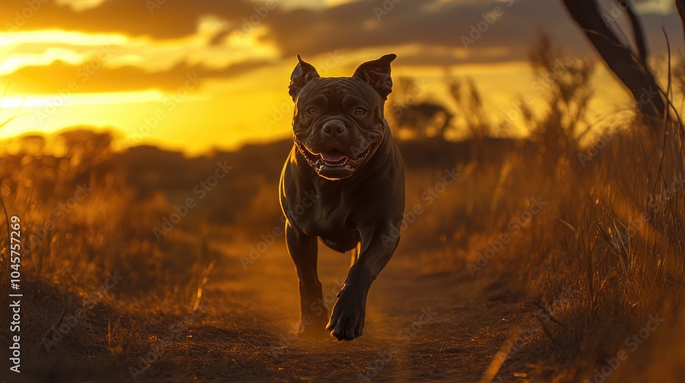 A majestic Cane Corso walking confidently along a scenic path at sunset. A majestic Cane Corso walking confidently along a scenic path at sunset.