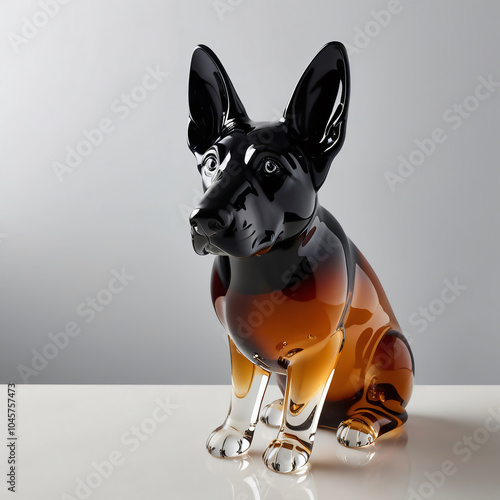 Glass Sculpture of a German Shepherd Dog in Modern Style with Black to Amber Gradient, Reflective Base, Generative AI photo