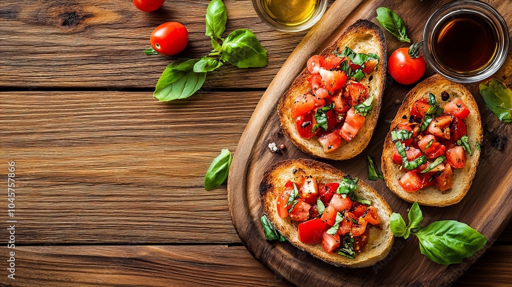 Bruschetta. The most popular Italian dishes. Grilled bread topped with colorful diced tomatoes and herbs. Composition: Grilled bread, tomatoes, garlic, basil, olive oil, balsamic vinegar. Bruschetta. The most popular Italian dishes. Grilled bread topped with colorful diced tomatoes and herbs. Composition: Grilled bread, tomatoes, garlic, basil, olive oil, balsamic vinegar.