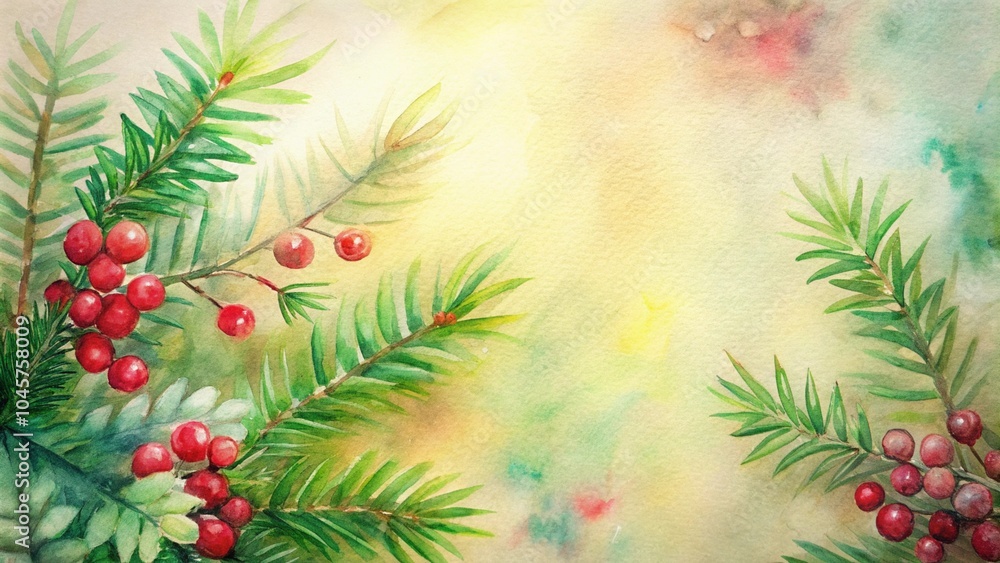 Watercolor Christmas background with pine branches and red berries Watercolor Christmas background with pine branches and red berries