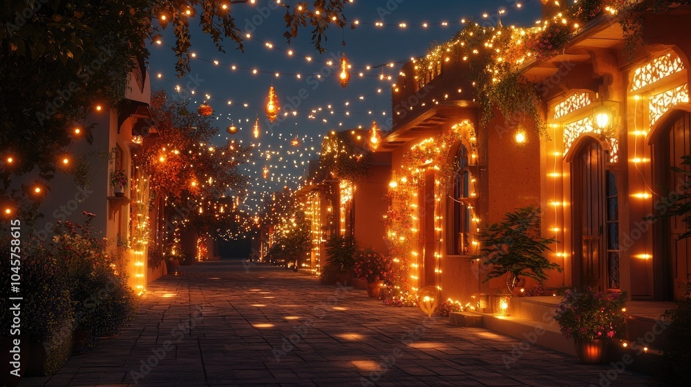 A scenic view of a Dhantera celebration at night, with illuminated houses and festive lights creating a warm atmosphere. A scenic view of a Dhantera celebration at night, with illuminated houses and festive lights creating a warm atmosphere.