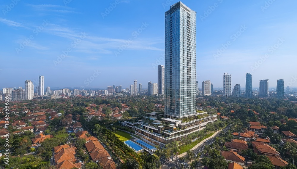 Obraz premium Modern glass tower rises above cityscape with lush greenery and urban elements
