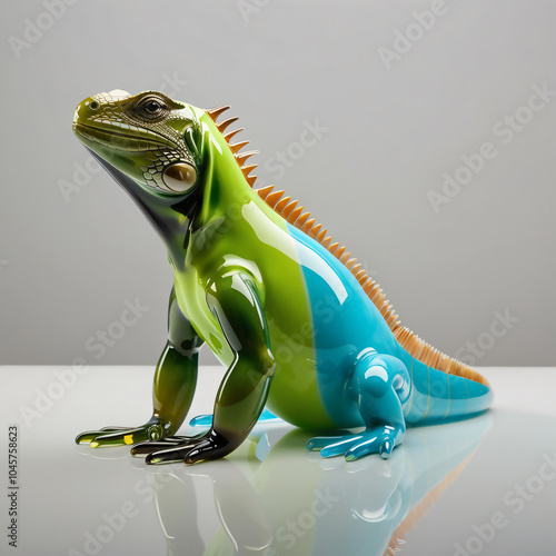 Vibrant glass sculpture of a Fiji banded iguana in turquoise, green, and yellow with black stripes, featuring intricate scale details on a reflective surface, generative ai. photo