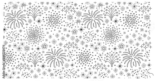 Seamless pattern with ink and pen. Fireworks, sparkle. Black-and-white image style manual.