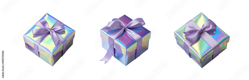PNG Holographic gift box with purple ribbon. Collection of classic luxury gift boxes with elegant ribbons. Set of gift preset boxes with ribbon of various styles. Hologram box PNG Holographic gift box with purple ribbon. Collection of classic luxury gift boxes with elegant ribbons. Set of gift preset boxes with ribbon of various styles. Hologram box