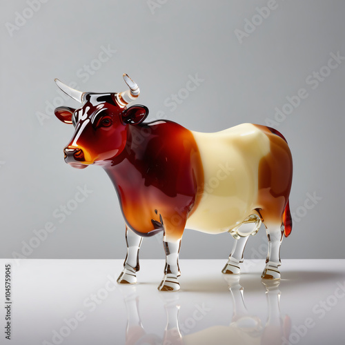 Glossy glass sculpture of a Devon cow with a creamy white and warm brown gradient, featuring translucent horns, set against a neutral gray background, generative ai. photo