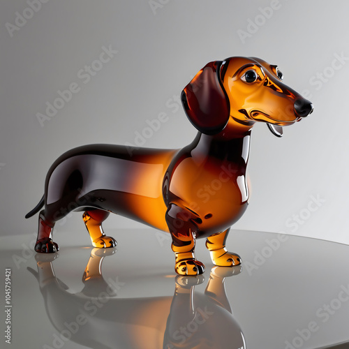 Elegant glass sculpture of a dachshund in rich amber hue, featuring flowing lines and expressive eyes, set on a white surface against a neutral gray backdrop, generative ai photo