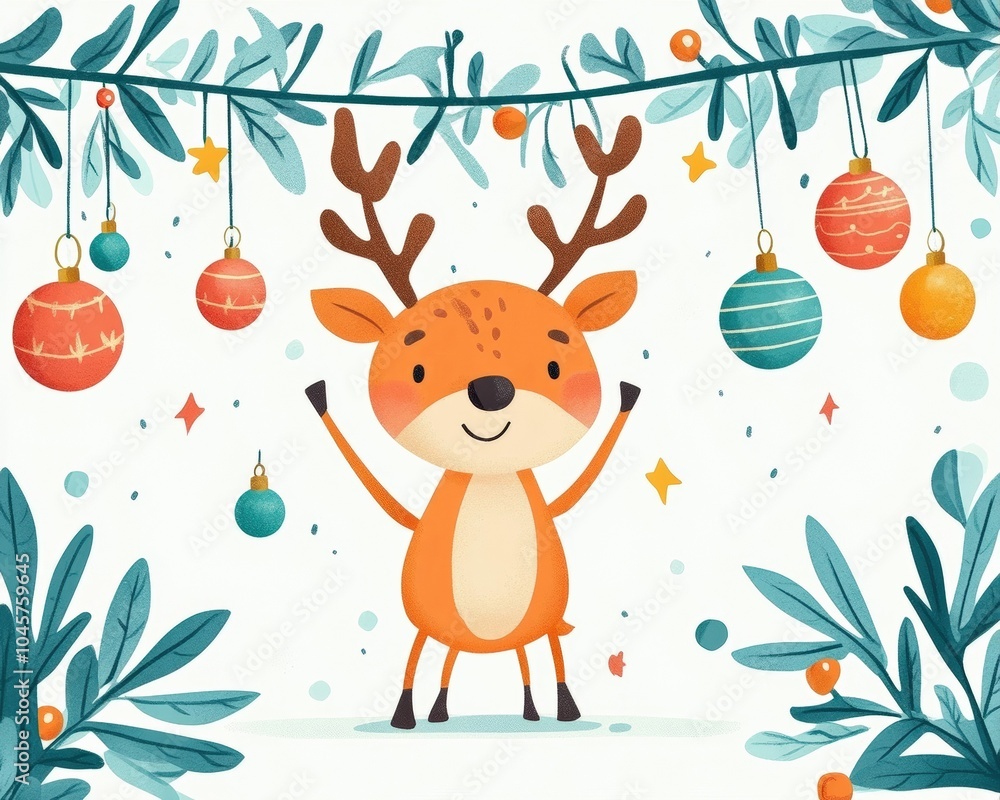 Fototapeta premium A cheerful orange reindeer with antlers, surrounded by holiday ornaments and greenery in a playful festive scene