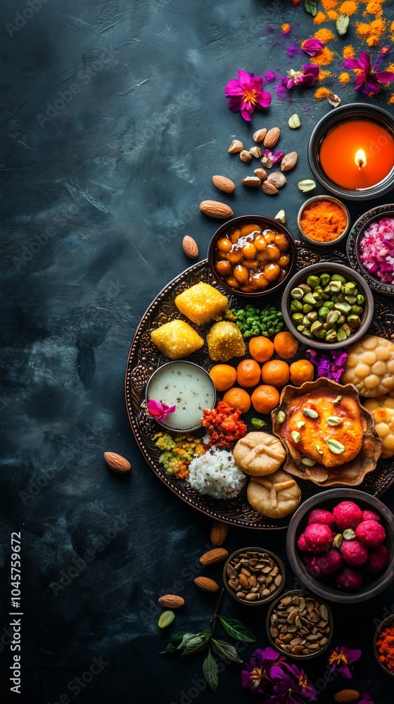 Vibrant Array of Traditional Diwali Sweets on Decorative Plate Surrounded by Colorful Rangoli and Diyas Vibrant Array of Traditional Diwali Sweets on Decorative Plate Surrounded by Colorful Rangoli and Diyas