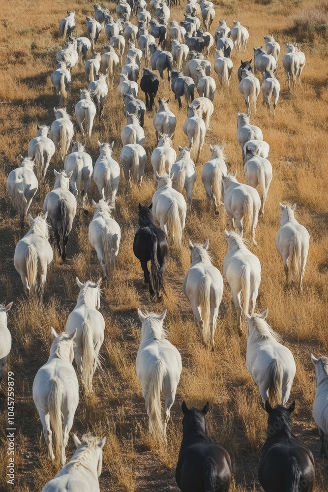 Fototapeta premium A majestic herd of horses strides across sunlit grassy fields, showcasing a striking contrast between white and black animals as they move together in harmony
