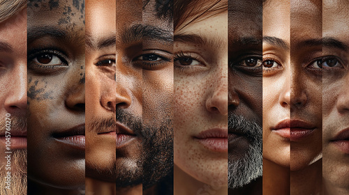 Close-up faces of people of different ethnicities, divided by vertical lines.
