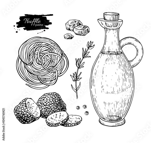 Truffle pasta ingredients vector drawing. Black truffle mushroom, spaghetti, Tajarin, 