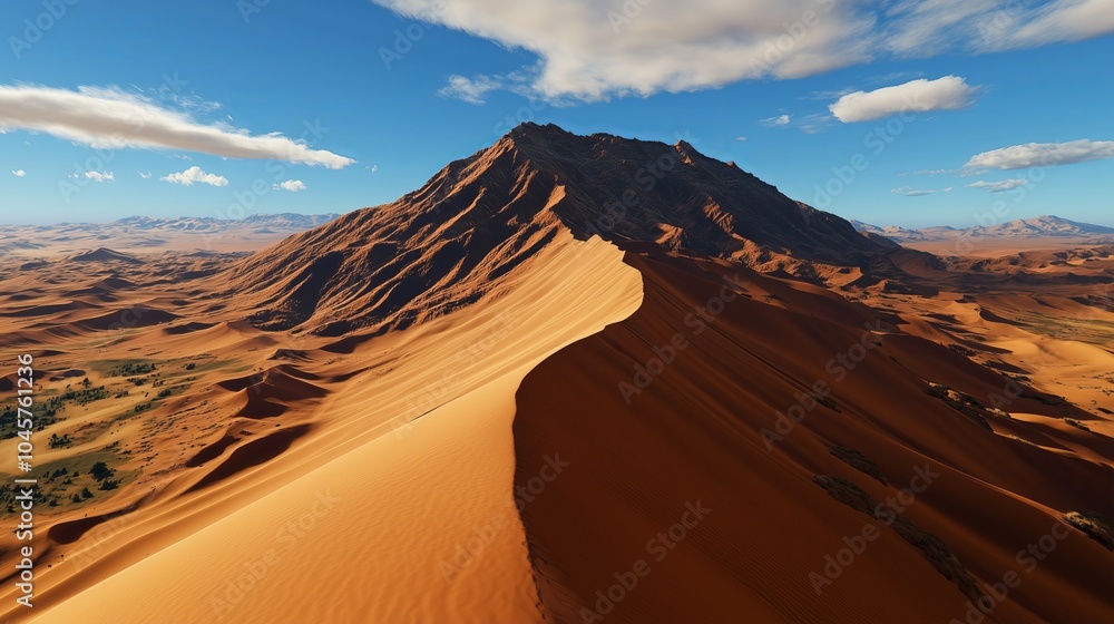 A vast, sun-drenched desert landscape with a towering sand dune reaching for the blue sky. A vast, sun-drenched desert landscape with a towering sand dune reaching for the blue sky.