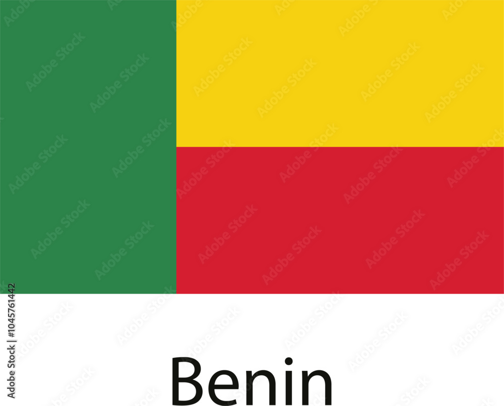 The national flag of Benin, featuring three vertical bands of green, yellow and red. The national flag of Benin, featuring three vertical bands of green, yellow and red.