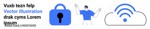 A character pointing at a padlock and a cloud with a wireless symbol in blue. Ideal for data security, cloud computing, internet connectivity, online privacy, and digital technology. Banner