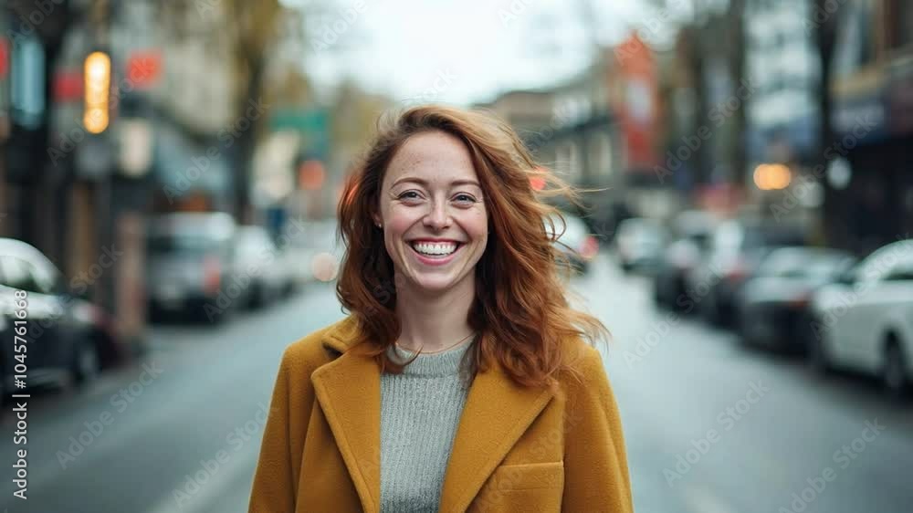 A joyful young woman in yellow coat smiles while strolling along a busy street filled with cars and shops on an autumn day A joyful young woman in yellow coat smiles while strolling along a busy street filled with cars and shops on an autumn day