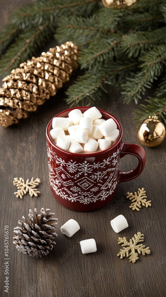 Enjoy a warm red mug filled with rich hot chocolate and fluffy marshmallows, surrounded by pine branches and Christmas decorations, creating a delightful winter atmosphere Enjoy a warm red mug filled with rich hot chocolate and fluffy marshmallows, surrounded by pine branches and Christmas decorations, creating a delightful winter atmosphere