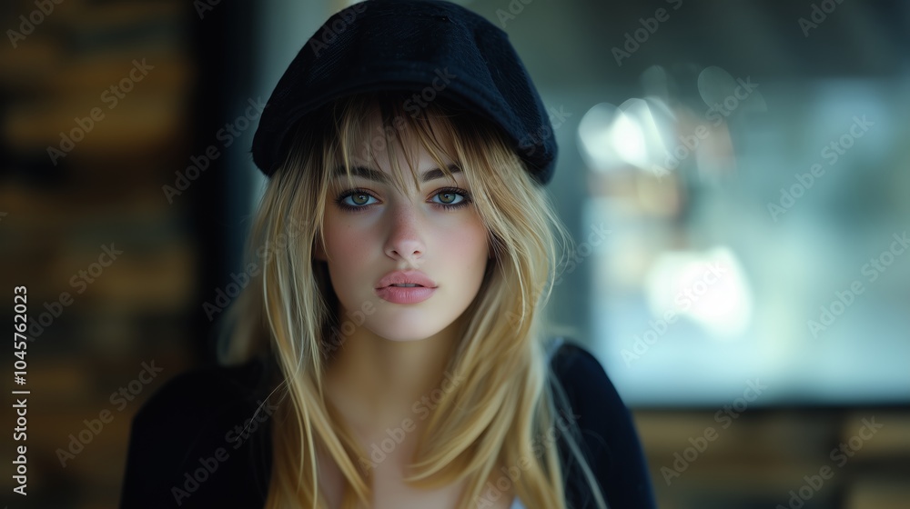 Portrait of a Young Woman with Blonde Hair, Bangs, and Black Cap in Moody Ambient Lighting