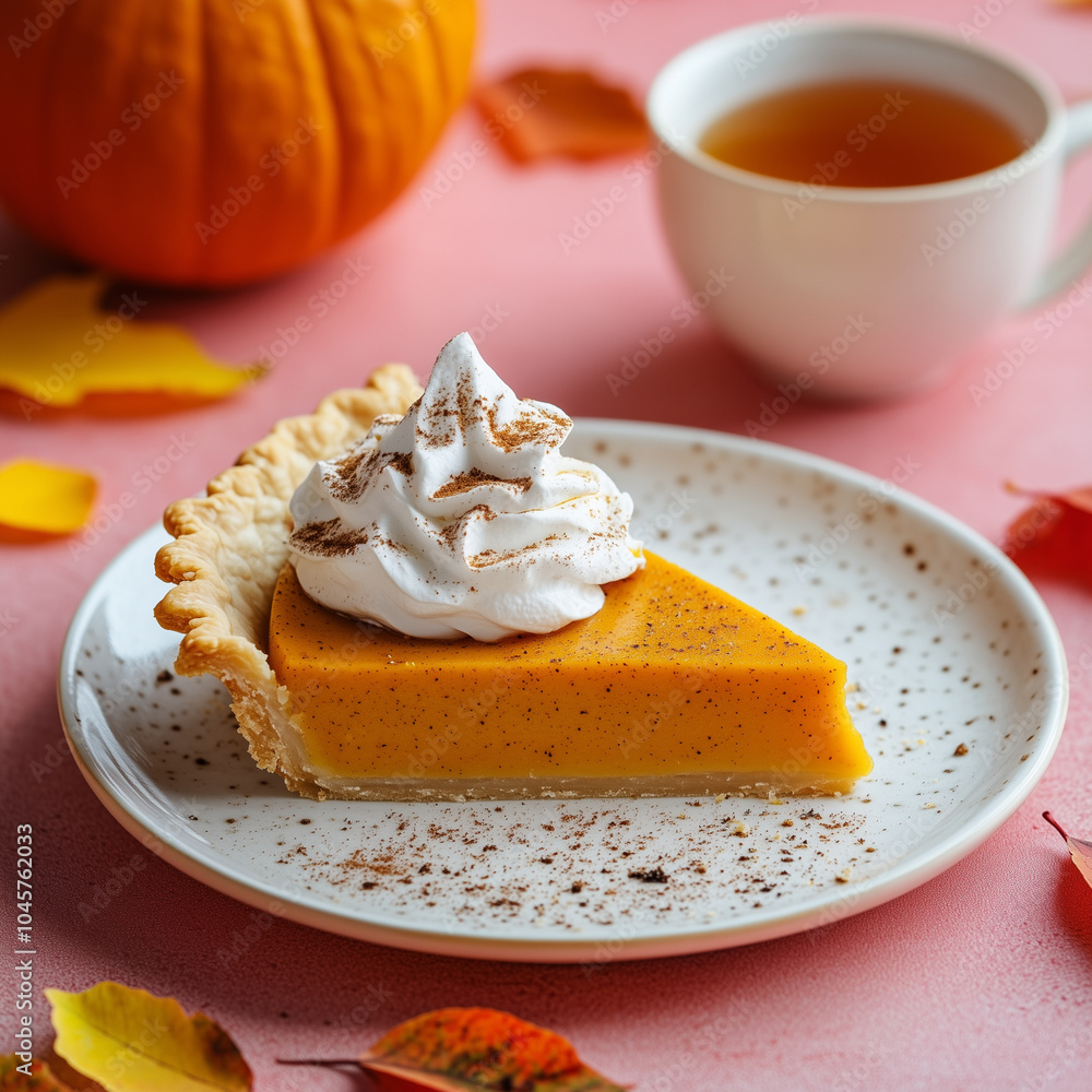 Rustic Pumpkin Pie and Lemon Tea on Bright Pink Background Rustic Pumpkin Pie and Lemon Tea on Bright Pink Background
