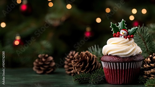 A tempting red velvet cupcake is beautifully adorned with cream cheese frosting and topped with a holly leaf and berry, evoking holiday cheer among festive decorations