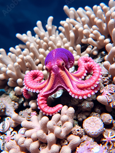 a blue ring octopus is swimming in a coral reef photo