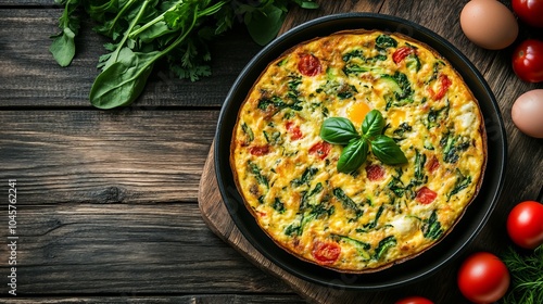 Frittata. The most popular Italian dishes. Round, thick omelette, often with visible vegetables. Composition: Eggs, vegetables (like spinach or zucchini), cheese, herbs.