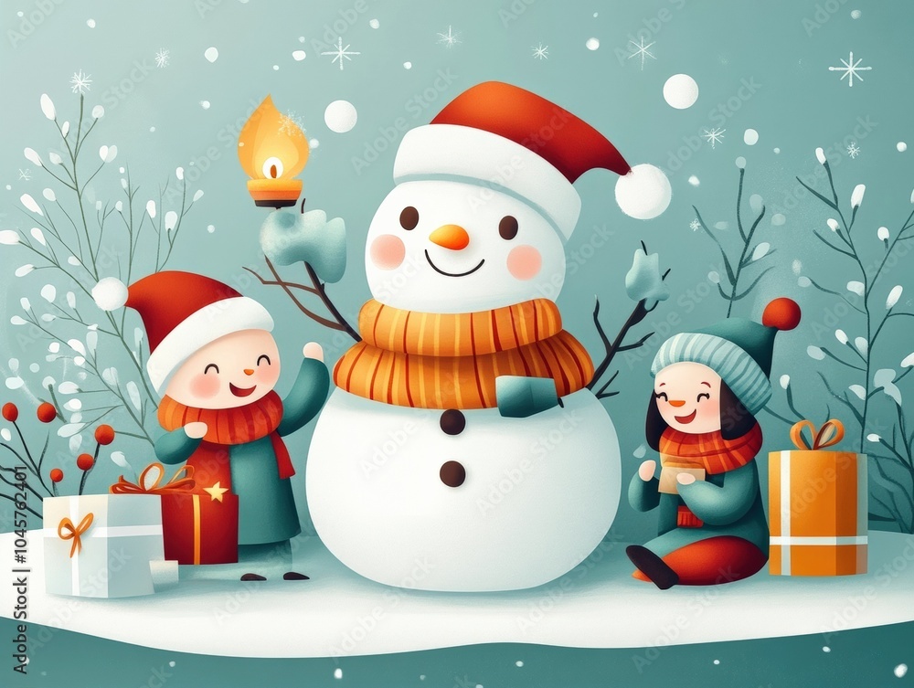 Fototapeta premium Joyful children celebrating winter with a snowman, wearing festive hats and scarves, surrounded by gifts and snow