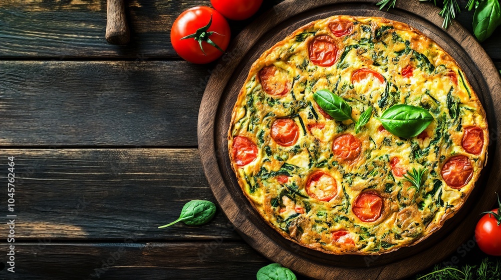 Frittata. The most popular Italian dishes. Round, thick omelette, often with visible vegetables. Composition: Eggs, vegetables (like spinach or zucchini), cheese, herbs. Frittata. The most popular Italian dishes. Round, thick omelette, often with visible vegetables. Composition: Eggs, vegetables (like spinach or zucchini), cheese, herbs.