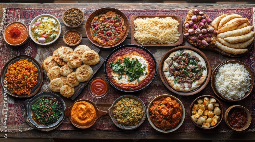 A table spread with a variety of Middle Eastern dishes, including hummus, baba ghanoush, rice, pita bread, and various stews. A table spread with a variety of Middle Eastern dishes, including hummus, baba ghanoush, rice, pita bread, and various stews.