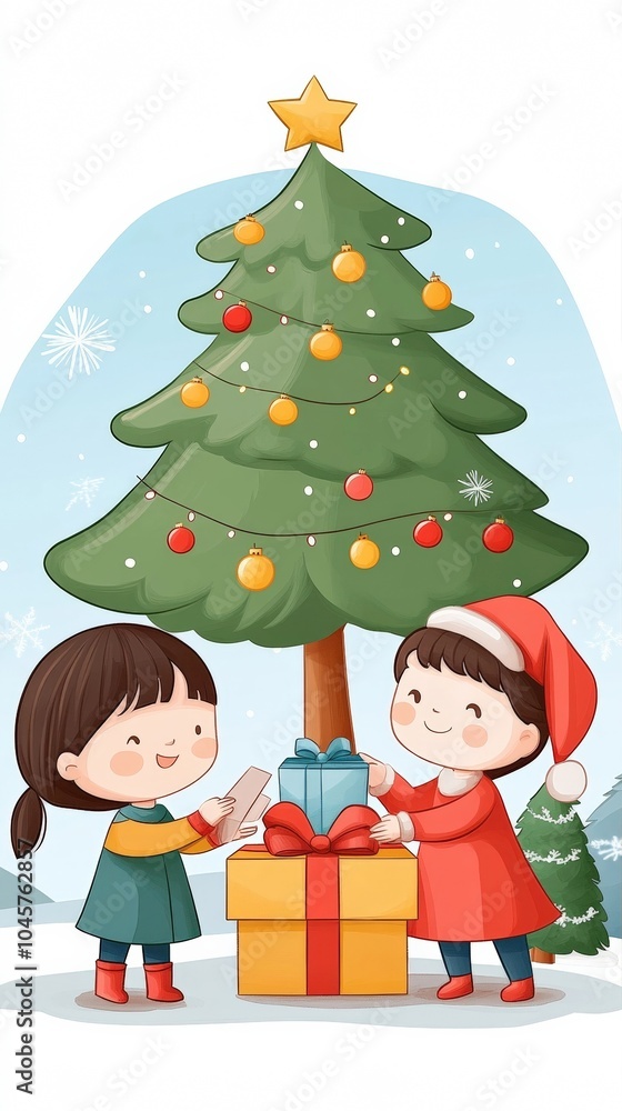 Two children joyfully unwrap presents by a decorated Christmas tree, enjoying the holiday spirit and playful atmosphere Two children joyfully unwrap presents by a decorated Christmas tree, enjoying the holiday spirit and playful atmosphere