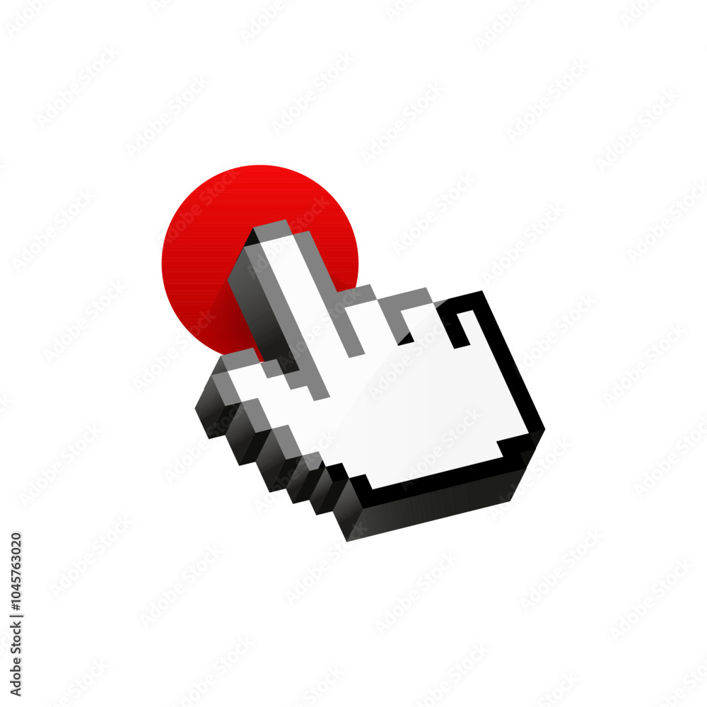 White hand cursor for computer click on red button. Desktop hand pointer icon. White hand cursor for computer click on red button. Desktop hand pointer icon.