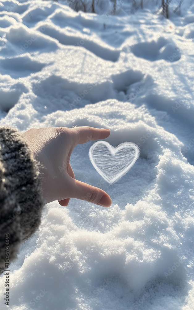 Fototapeta premium A photo of a hand drawing a heart shape in the snow.