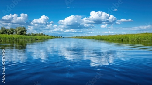 A tranquil river meanders through a lush green landscape under a bright blue sky with fluffy white clouds reflected in the water.