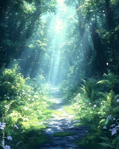 Natural walkway in a refreshing and beautiful forest. The sunlight beams to the ground, conveying a sense of calm and positive energy. It can be used to inspire relaxation and connecting with nature.