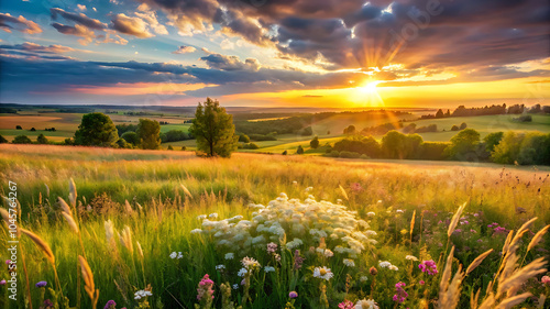 Beautiful natural countryside landscape with blooming wild grass in the foreground, captured at sunset during a warm summer evening, creating peaceful and pastoral scenery. photo