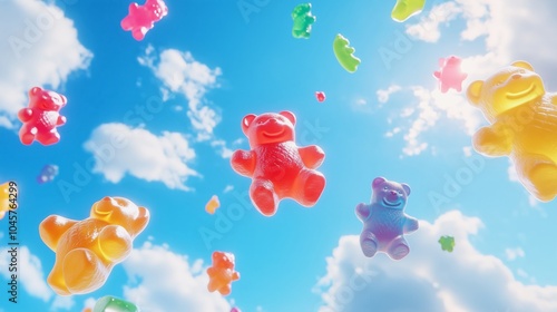Fototapeta Naklejka Na Ścianę i Meble -  Gummy bears floating in the sky