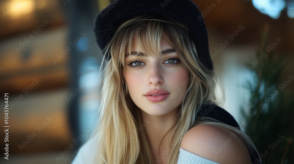 Portrait of a Young Woman with Blonde Hair and Bangs Wearing a Black Hat in a Cozy Outdoor Setting Portrait of a Young Woman with Blonde Hair and Bangs Wearing a Black Hat in a Cozy Outdoor Setting