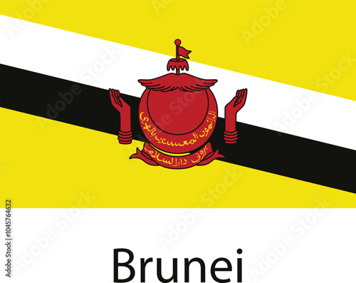 The national flag of Brunei Darussalam features a yellow field with a white diagonal band running from the upper hoist corner to the lower fly corner. A black band is below the white, and a red emblem