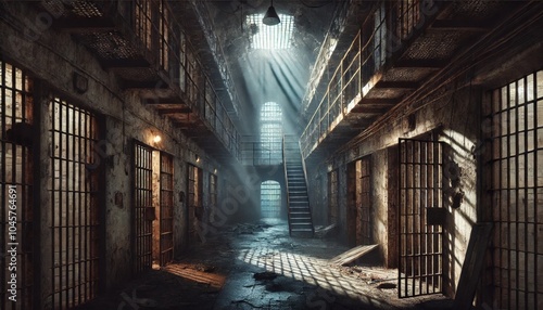 Wallpaper Mural A prison cell block with a staircase. The light is shining on the stairs. There are many bars on the windows Torontodigital.ca