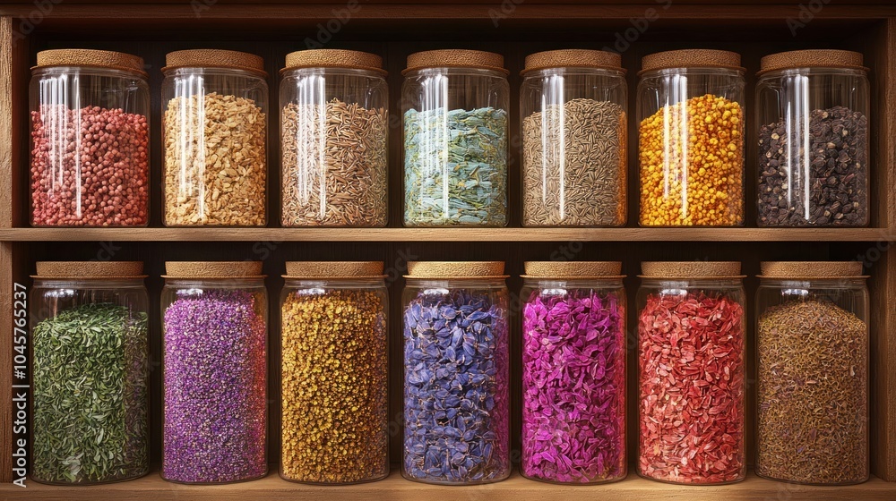 A variety of dried herbs and spices are stored in glass jars on a wooden shelf. A variety of dried herbs and spices are stored in glass jars on a wooden shelf.
