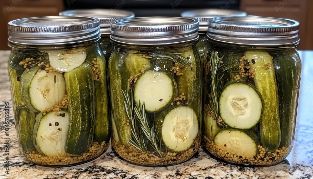 Freshly pickled cucumbers in jars with spices organized in a neat kitchen setting Freshly pickled cucumbers in jars with spices organized in a neat kitchen setting