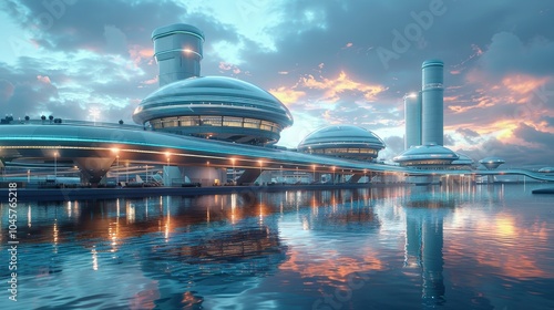 Futuristic Urban Skyline Reflecting in Tranquil Waters at Sunset