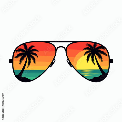 A vector illustration of sunglasses reflecting a tropical beach scene