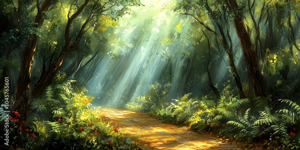 Obraz premium Natural walkway in a refreshing and beautiful forest. The sunlight beams to the ground, conveying a sense of calm and positive energy. It can be used to inspire relaxation and connecting with nature.